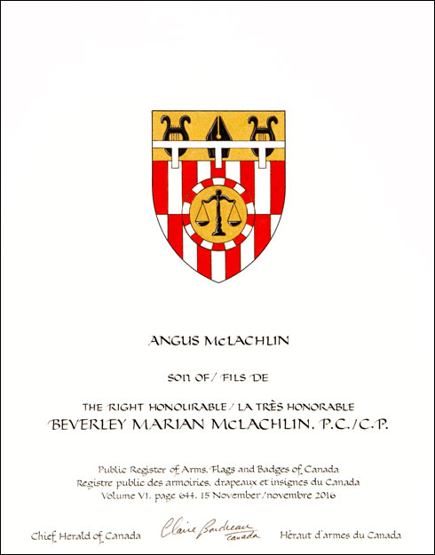Lettres patentes concédant des emblèmes héraldiques à Beverley Marian McLachlin