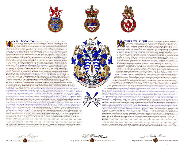 Letters patent registering the heraldic emblems of The Royal St. John's Regatta Committee