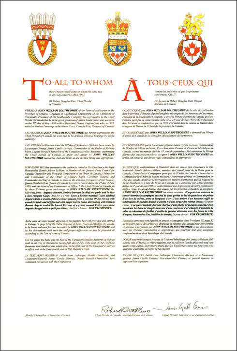 Letters patent granting heraldic emblems to John William Southcombe