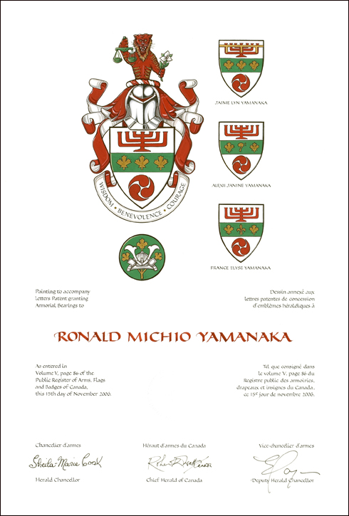Lettres patentes concédant des emblèmes héraldiques à Ronald Michio Yamanaka