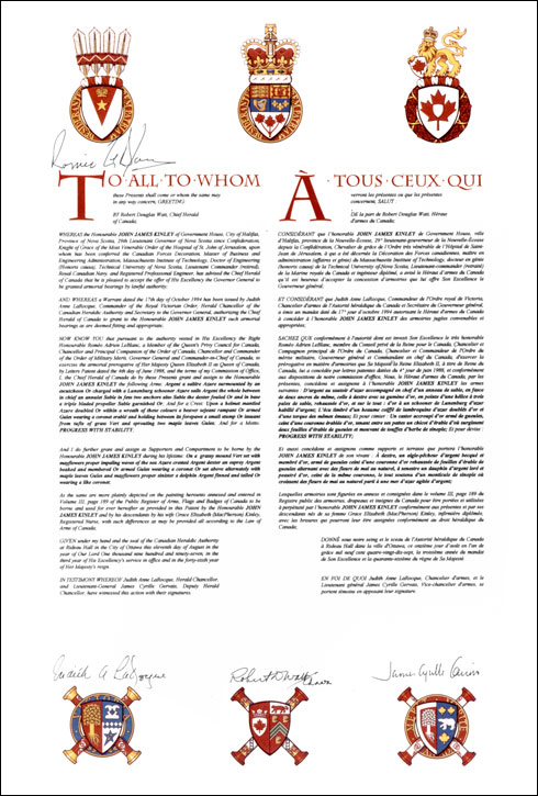 Letters patent granting heraldic emblems to John James Kinley