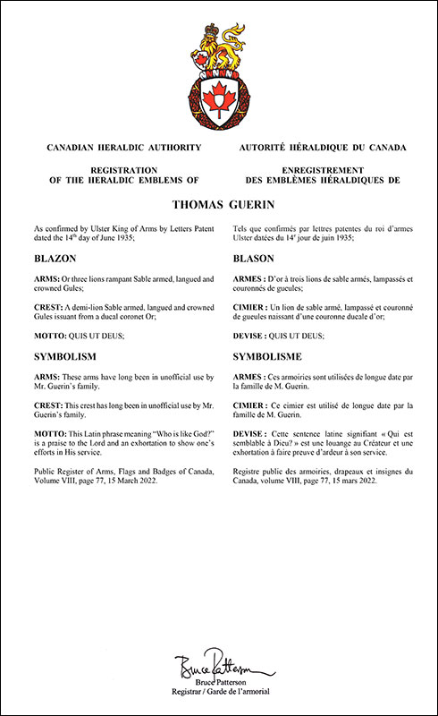 Letters patent registering the heraldic emblems of Thomas Guerin