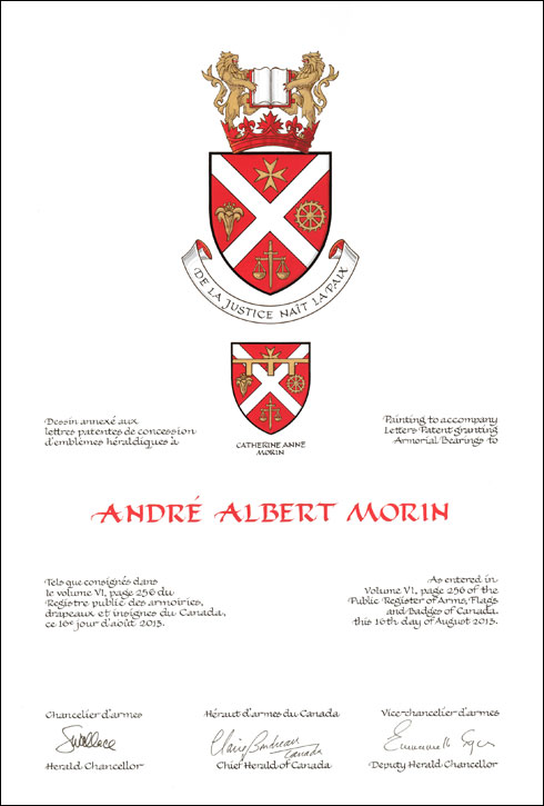 Letters patent granting heraldic emblems to André Albert Morin