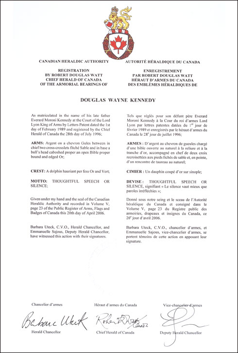 Lettres patentes enregistrant les emblèmes héraldiques de Douglas Wayne Kennedy