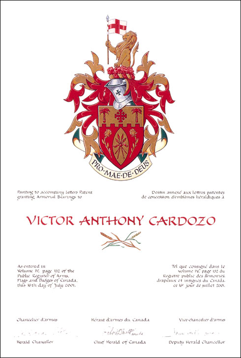 Letters patent granting heraldic emblems to Victor Anthony Cardozo