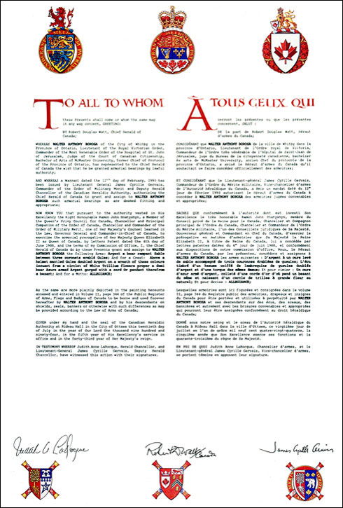 Letters patent granting heraldic emblems to Walter Anthony Borosa