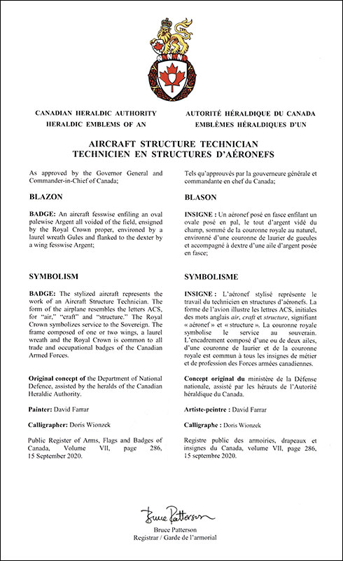 Letters patent approving the heraldic emblems of an Aircraft Structure Technician of the Royal Canadian Air Force
