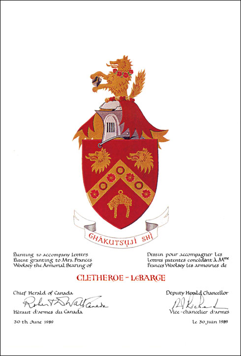 Letters patent granting heraldic emblems to Frances Woolsey