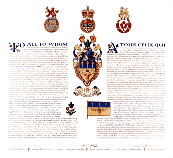 Letters patents granting heraldic emblems to Gordon Hamilton Southam
