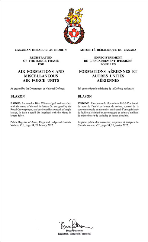 Letters patent registering the badge frame for Air Formations and Miscellaneous Air Force Units of the Canadian Armed Forces