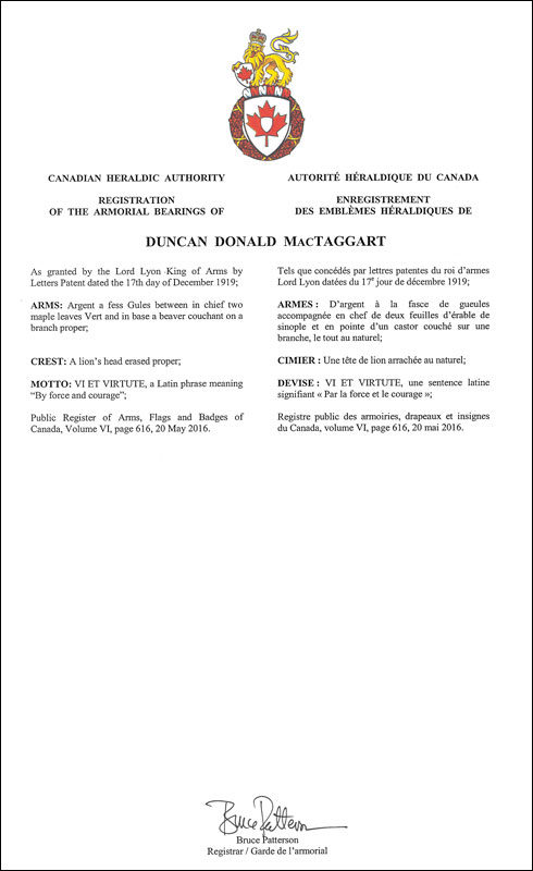 Letters patent registering the heraldic emblems of Duncan Donald MacTaggart