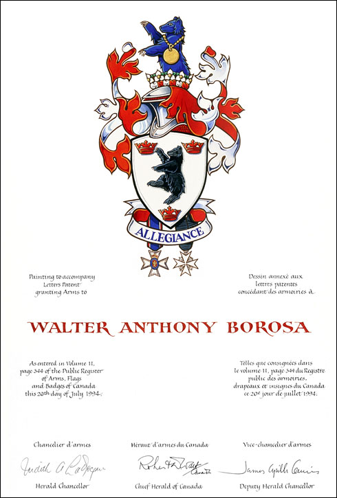 Letters patent granting heraldic emblems to Walter Anthony Borosa