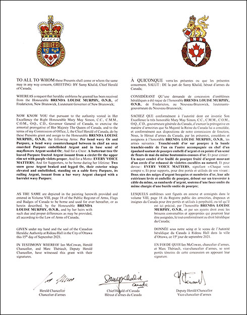 Letters patent granting heraldic emblems to Brenda Louise Murphy
