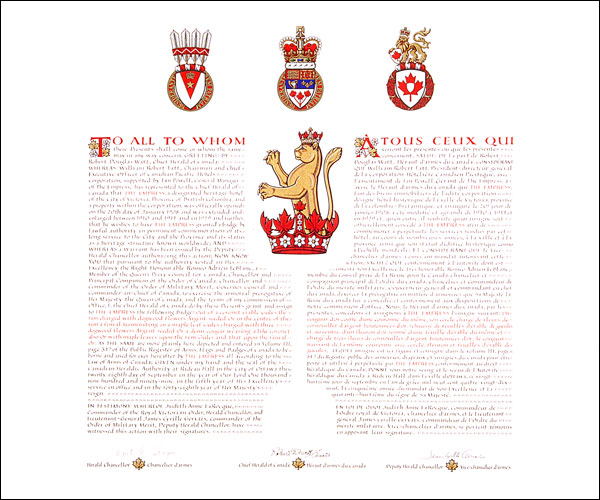 Letters patent granting heraldic emblems to The Empress