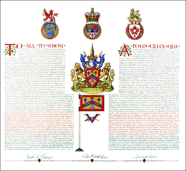 Letters patent granting heraldic emblems to Vanier College