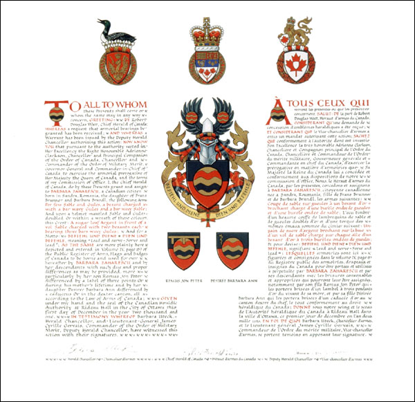 Letters patent granting heraldic emblems to Barbara Zaharescu