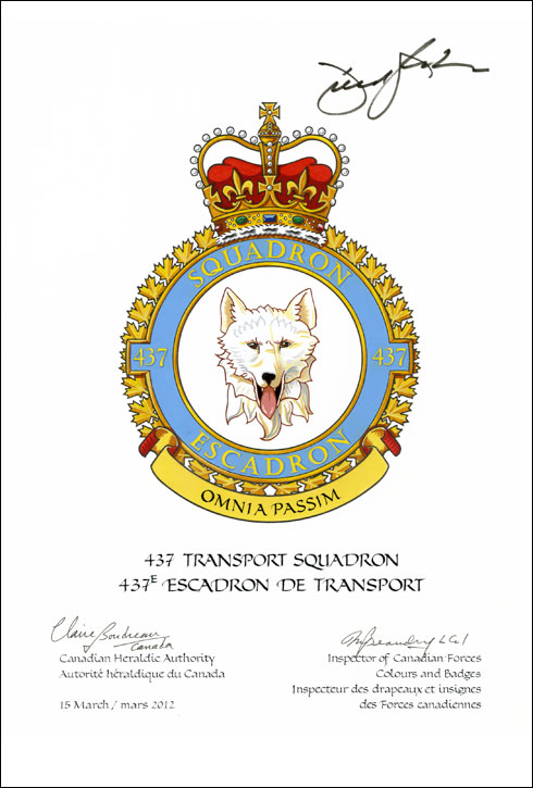 Letters patent confirming the blazon of the Badge of the 437 Transport Squadron