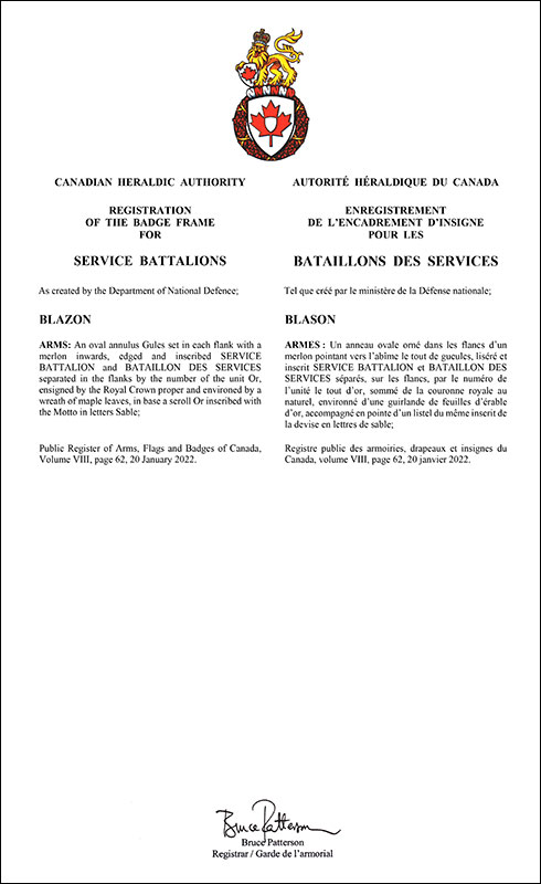 Letters patent registering the badge frame for Service Battalions of the Canadian Armed Forces
