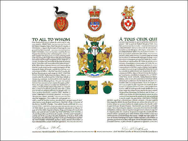 Letters patent granting heraldic emblems to West Central High School