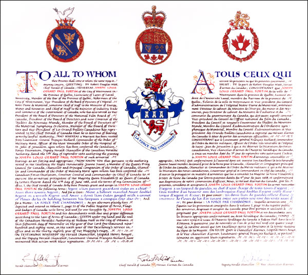 Letters patent granting heraldic emblems to Joseph Louis Gérard Paul Fortin