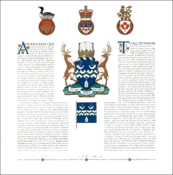 Letters patent granting heraldic emblems to the Municipalité de Saint-Charles-de-Bellechasse