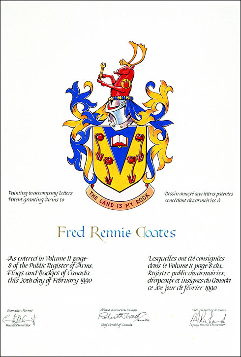 Letters patent granting heraldic emblems to Fred Rennie Coates