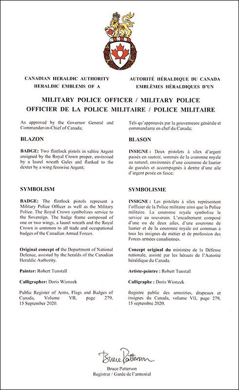 Letters patent approving the heraldic emblems of a Military Police Officer / Military Police of the Royal Canadian Air Force