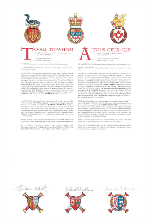 Letters patent granting heraldic emblems to Kemble Greenwood