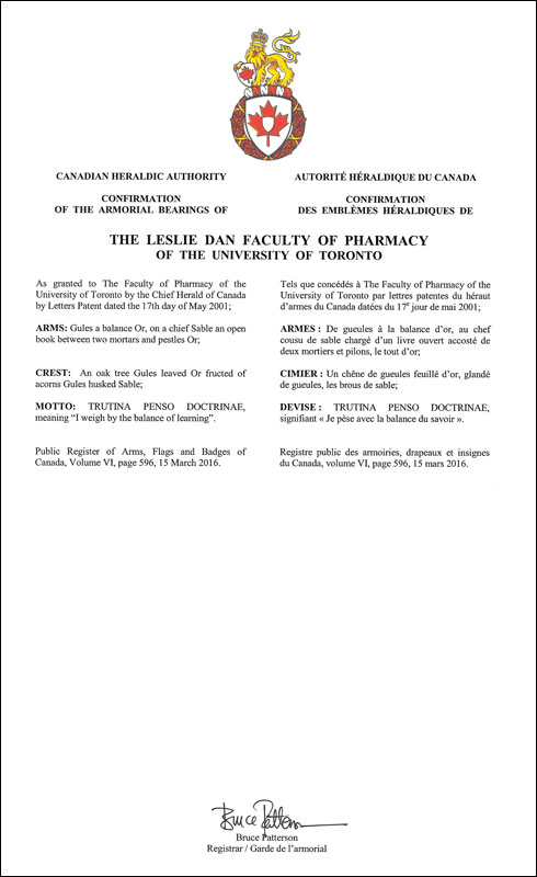 Letters patent confirming the heraldic emblems of The Leslie Dan Faculty of Pharmacy