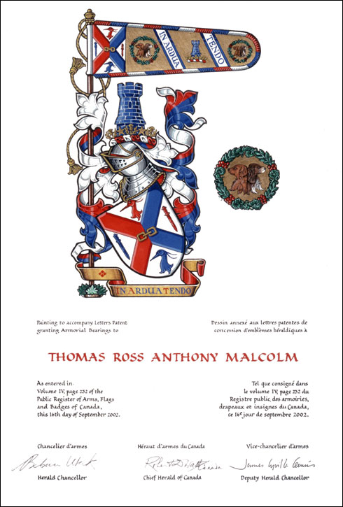 Letters patent granting heraldic emblems to Thomas Ross Anthony Malcolm