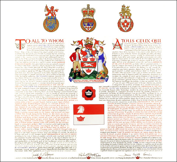 Letters patent registering the heraldic emblems of the Corporation of the City of Guelph