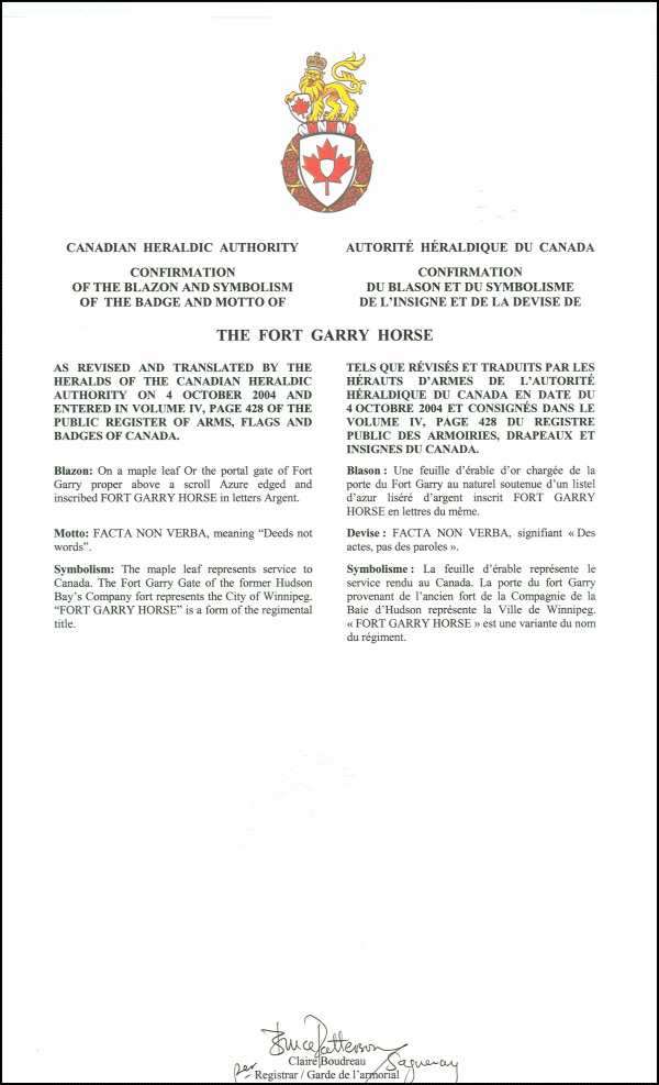 Letters patent confirming the blazon of the Badge of The Fort Garry Horse