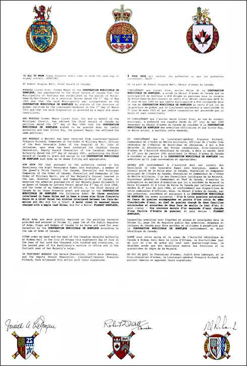 Letters patent granting heraldic emblems to the Corporation municipale de Honfleur