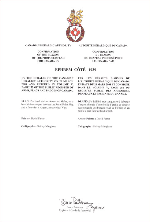 Letters patent confirming the blazon of the Proposed Flag: Ephrem Côté, 1939