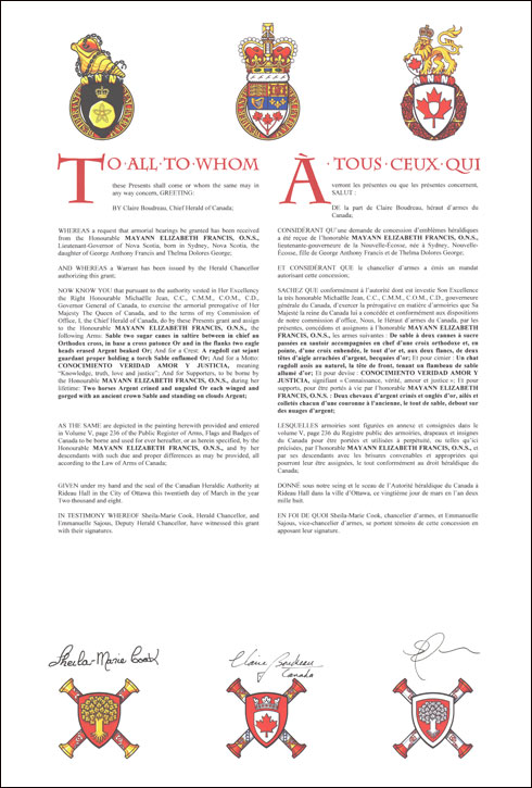 Letters patent granting heraldic emblems to Mayann Elizabeth Francis