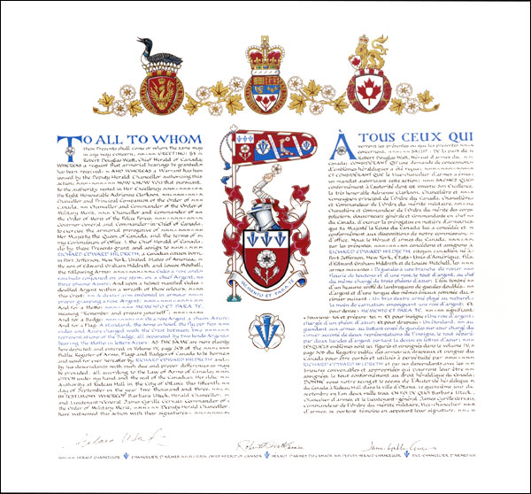 Lettres patentes concédant des emblèmes héraldiques à Richard Edward Hildreth