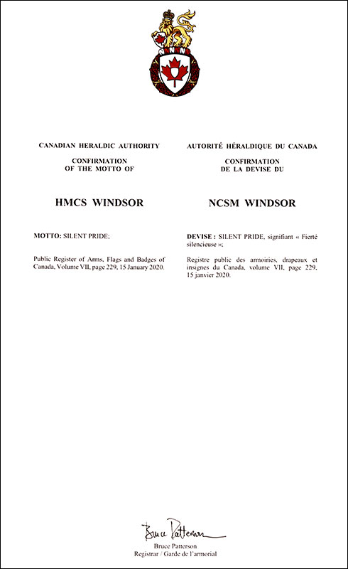 Letters patent confirming the heraldic emblems of HMCS Windsor