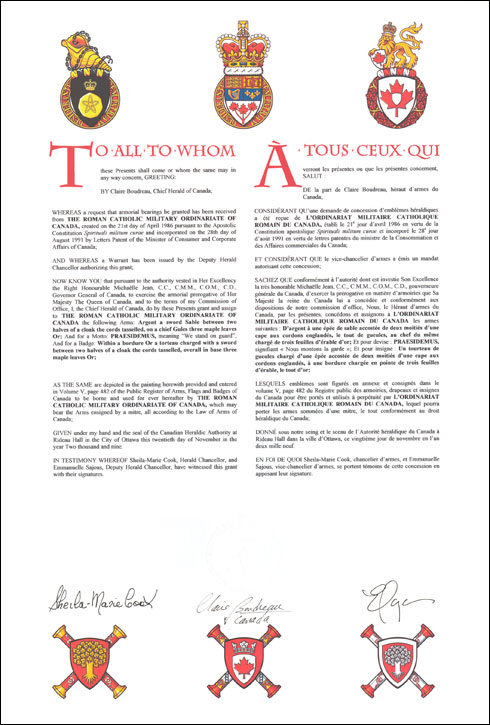 Letters patent granting heraldic emblems to The Roman Catholic Military Ordinariate of Canada