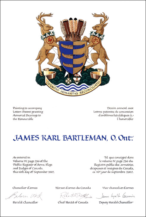 Letters patent granting heraldic emblems to James Karl Bartleman