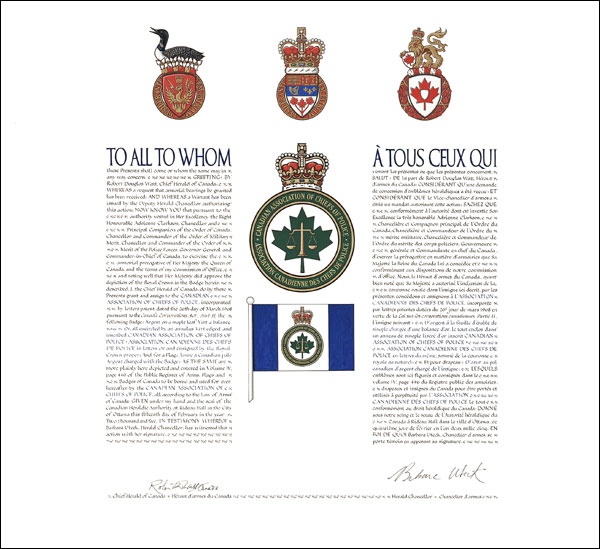 Letters patent granting heraldic emblems to the Canadian Association of Chiefs of Police