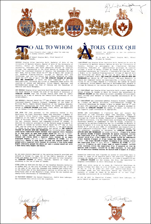 Letters patent granting heraldic emblems to The Loyalist College of Applied Arts and Technology