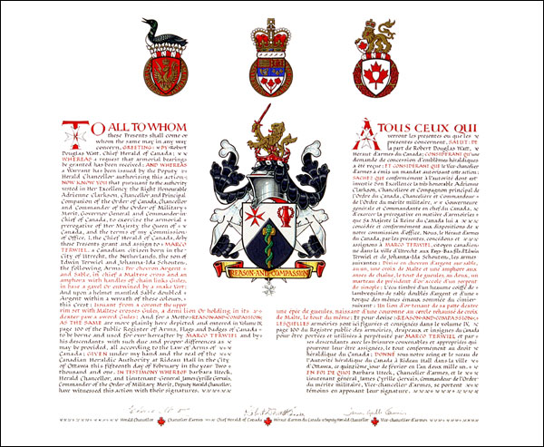 Letters patent granting heraldic emblems to Marco Terwiel