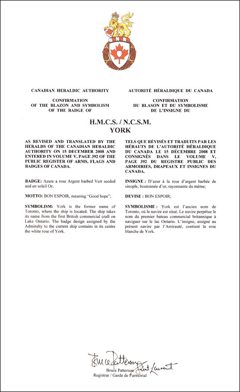 Letters patent confirming the blazon of the Badge of HMCS York