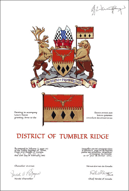 Letters patent granting heraldic emblems to the District of Tumbler Ridge
