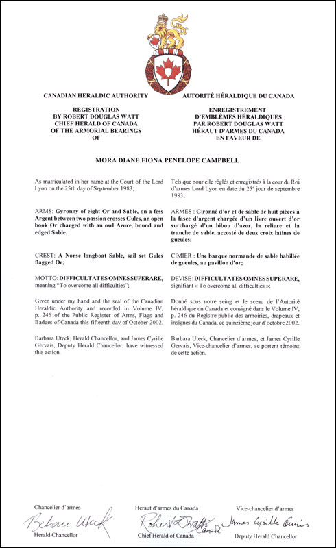 Letters patent registering the heraldic emblems of Mora Diane Fiona Penelope Campbell