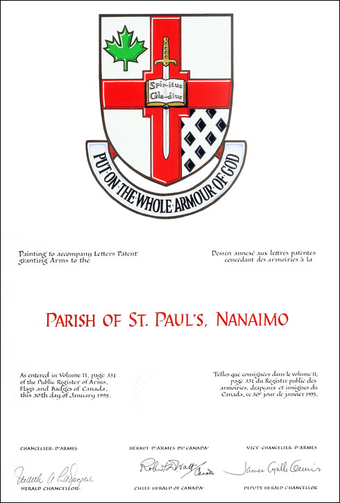 Letters patent granting heraldic emblems to the Parish of St. Paul's