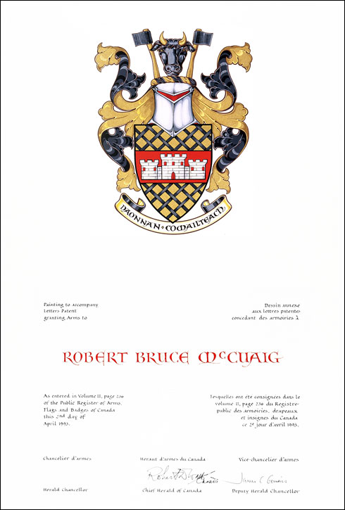 Letters patent granting heraldic emblems to Robert Bruce McCuaig
