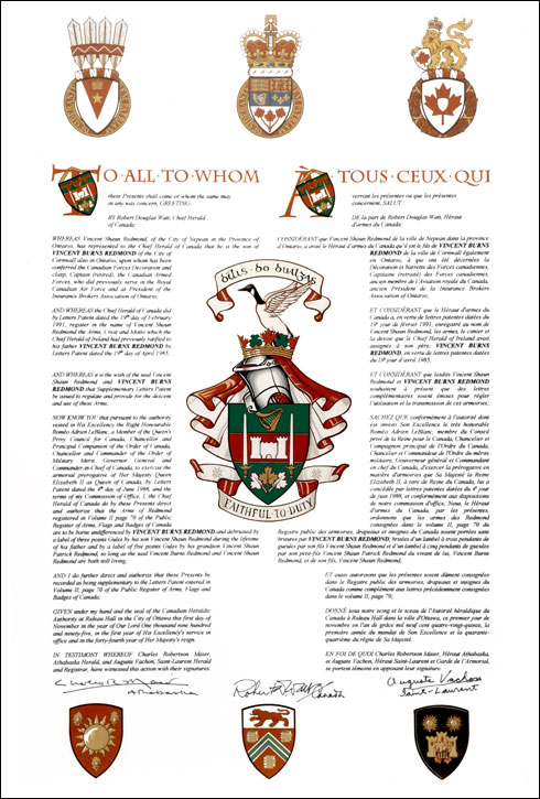 Letters patent confirming the Right of Vincent Burns Redmond to bear Arms