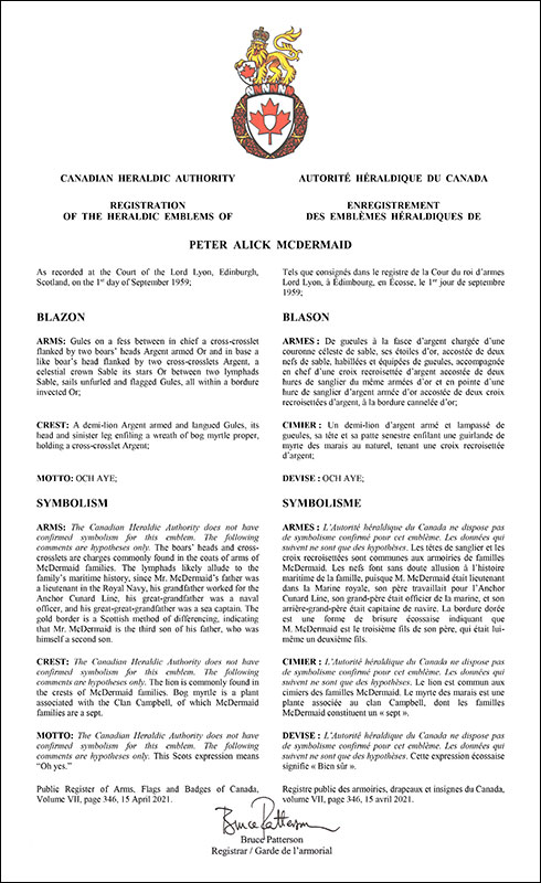 Lettres patentes enregistrant les emblèmes héraldiques de Peter Alick McDermaid