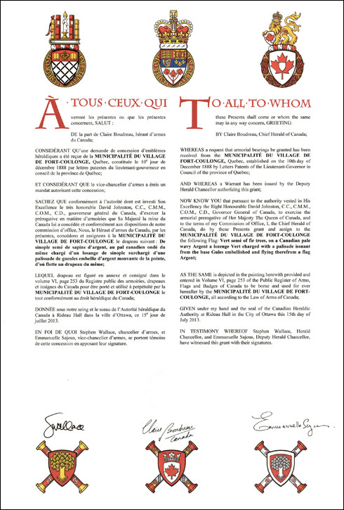 Letters patent granting a Flag to the Municipalité du village de Fort-Coulonge